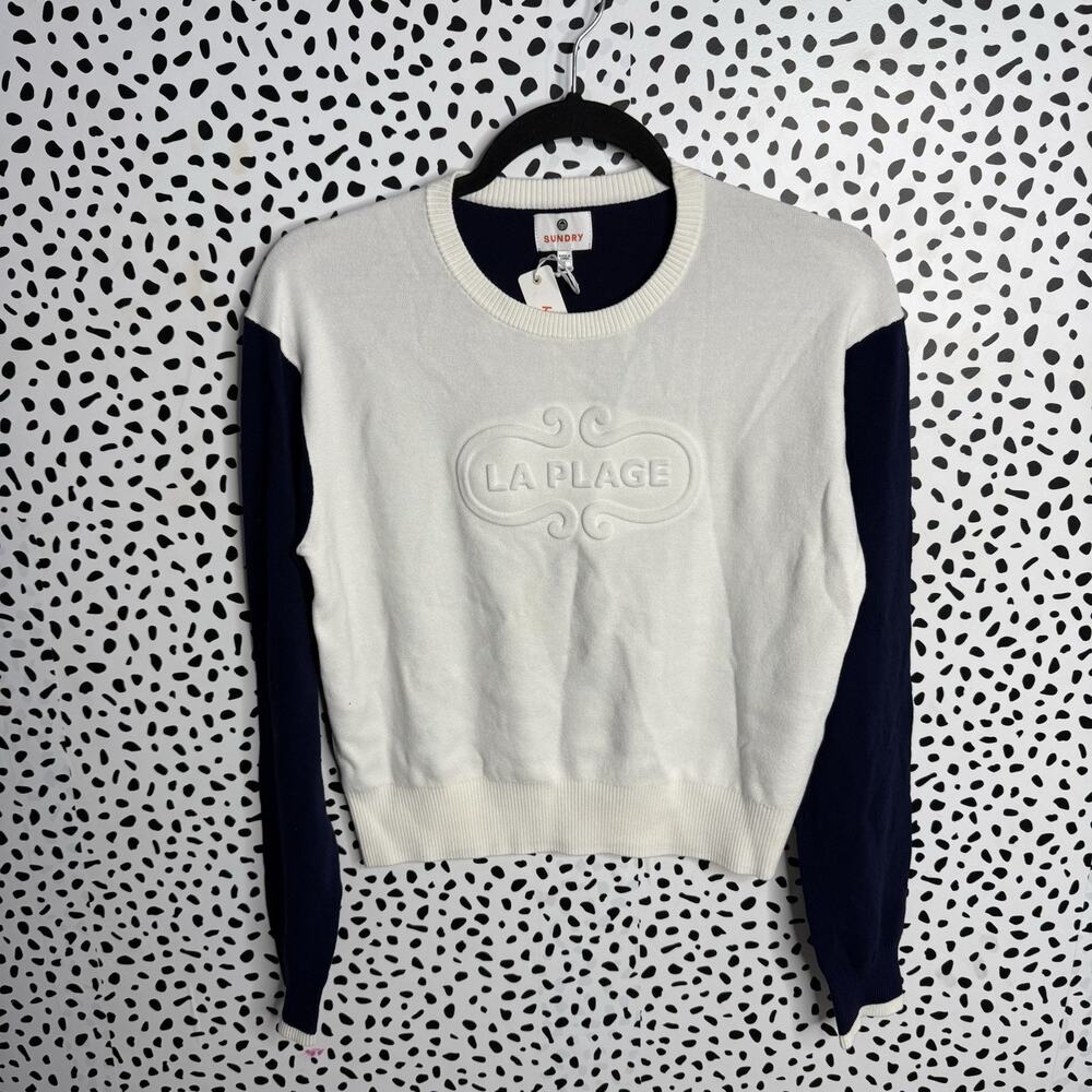 Sundry White Knit Blue Sleeves Sweater Womens Small